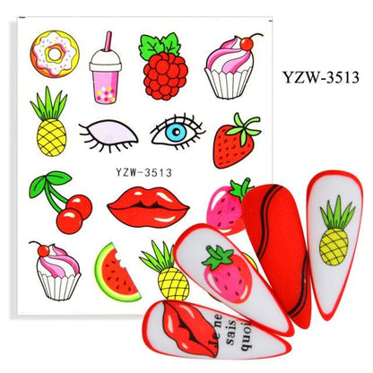 Stevvex nail art stickers sheet YZW-3513 with pineapple, strawberry, cherry and lips for nails on Tampa Home & Garden Store