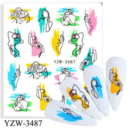 Stevvex nail art transfer ST695BGF sheet with abstract line-art silhouettes and accents YZW-3487 on Tampa Home & Garden Store