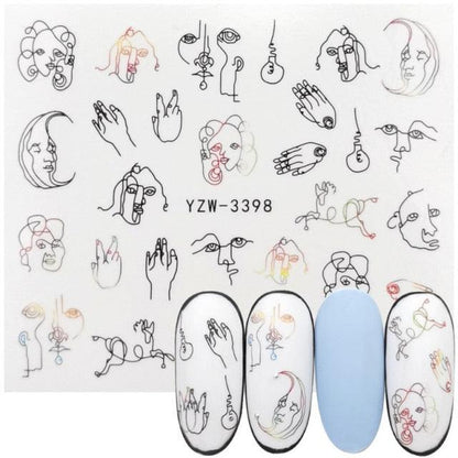Stevvex line-art nail art transfer sheet YZW-3398 with abstract faces and hands on nails on Tampa Home & Garden Store