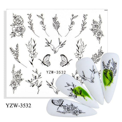 Stevvex Avocado fruit transfer nail stickers sheet with floral designs; shown on 4 nails on Tampa Home & Garden Store