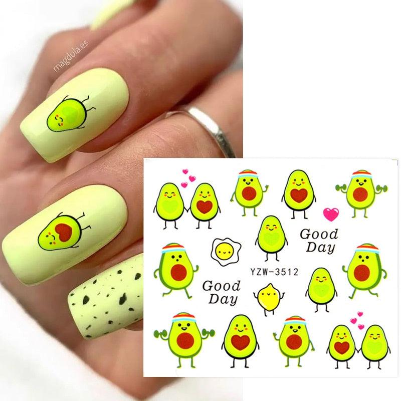 Avocado nail art transfer sticker set on nails; cute avocado icons on a white transfer sheet on Tampa Home & Garden Store