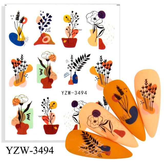 Nail art transfer sticker sheet ST695BGF featuring botanical floral decals and orange nail tips on Tampa Home & Garden Store