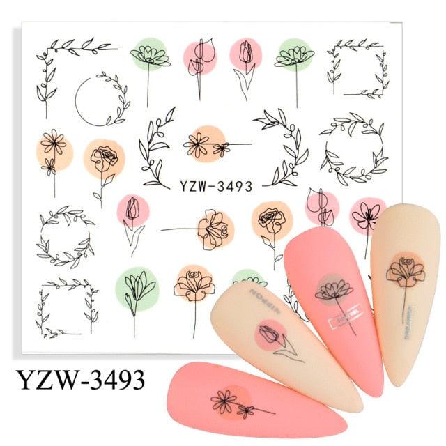 Stevvex Avocado Nail Sticker sheet with floral line art designs and pastel circles on nails on Tampa Home & Garden Store