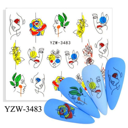Nail art stickers sheet ST695BGF with abstract line-face designs and florals for blue nails on Tampa Home & Garden Store