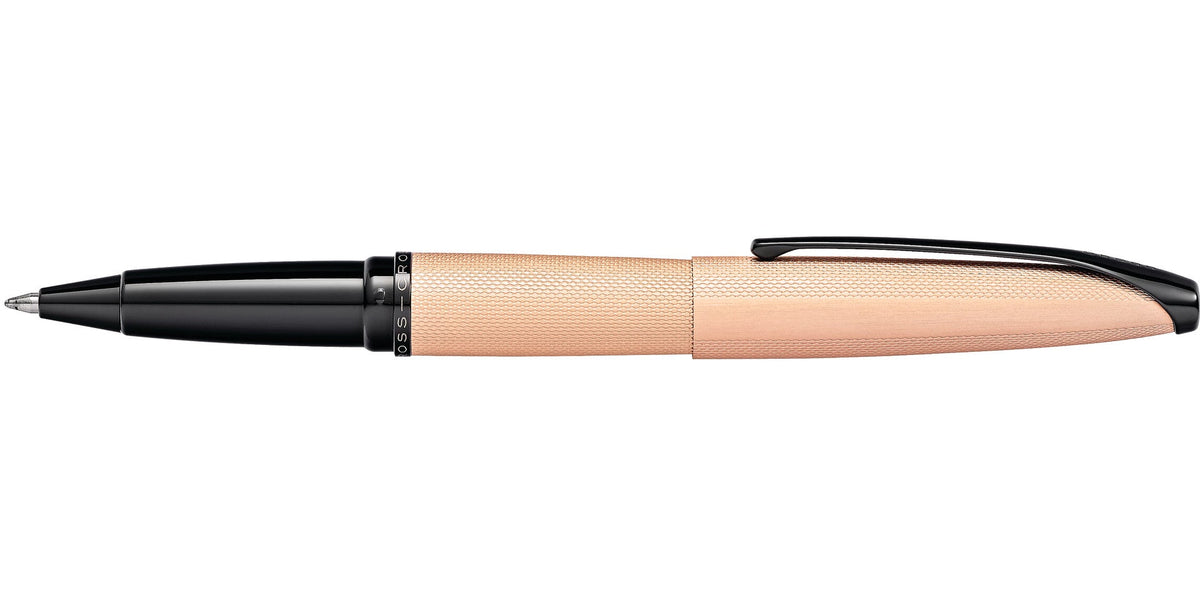 ATX Brushed Rose Gold Rollerball Pen with textured barrel, black cap and clip, Cross brand on Tampa Home & Garden Store