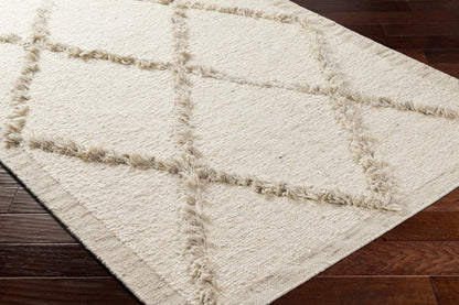 Awen hand knotted wool area rug in cream with thick fringed edges Boutique Rugs on Tampa Home & Garden Store