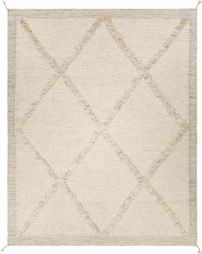 Awen hand knotted wool area rug in cream with a shaggy diamond trellis pattern and light border on Tampa Home & Garden Store