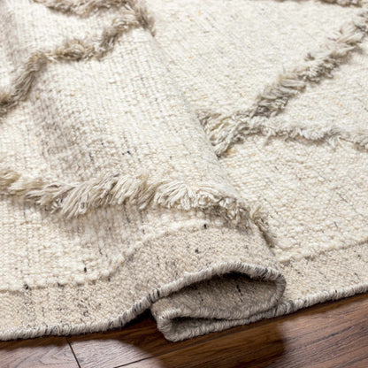Awen hand-knotted wool area rug ivory with fringe, Boutique Rugs, stacked on wood floor on Tampa Home & Garden Store