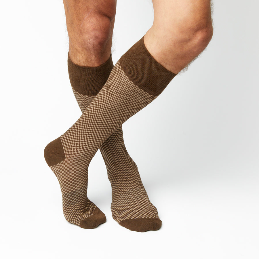 Axl Dress Socks by DeadSoxy, brown tan checkered boardroom socks with brown cuffs, on Tampa Home & Garden Store