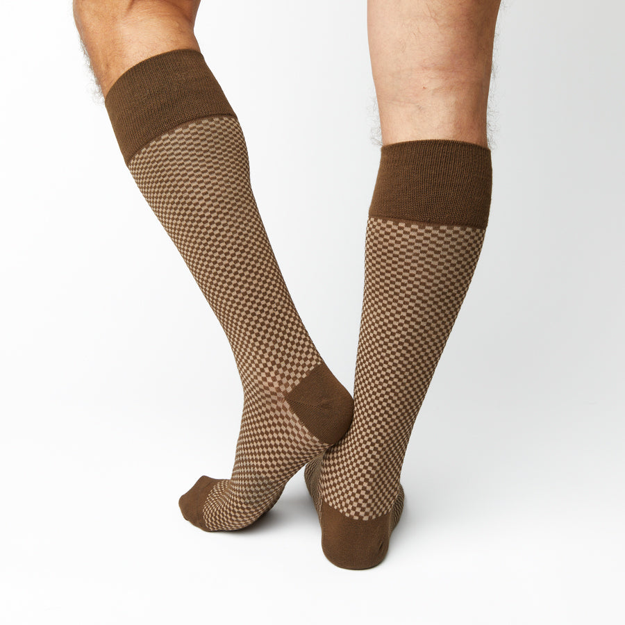 Axl Dress Socks boardroom brown-tan checkerboard with brown toe and cuff on Tampa Home & Garden Store