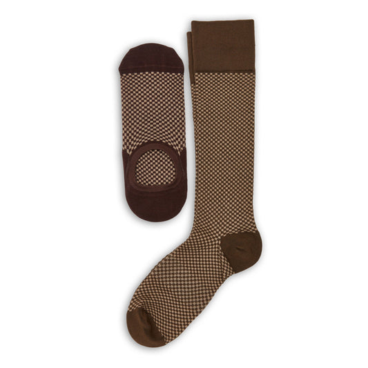 Axl & Teddy mixed 2-pack boardroom dress socks by DeadSoxy in brown beige checker footie socks on Tampa Home & Garden Store