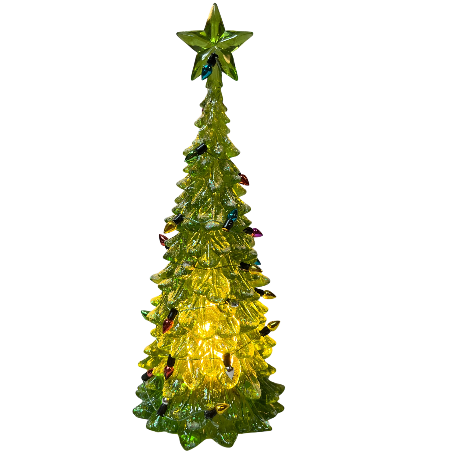 8 Inch Lighted Acrylic Christmas Tree with green star topper and multicolor bulbs on Tampa Home & Garden Store