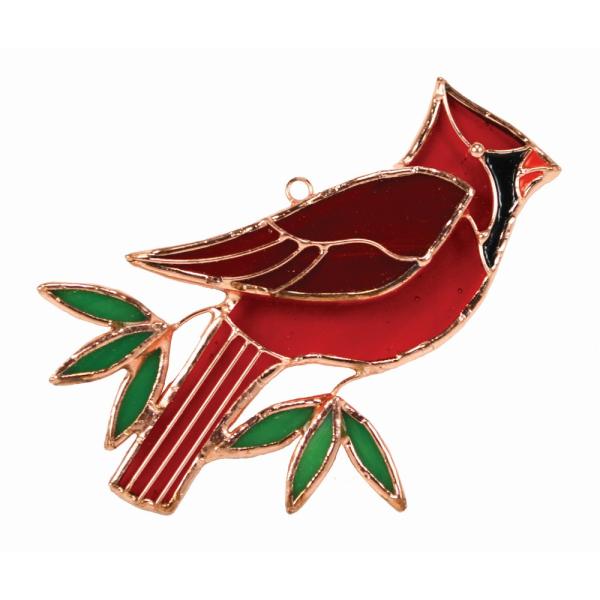 Stained glass cardinal suncatcher, red bird with green leaves by The Country Christmas Loft on Tampa Home & Garden Store