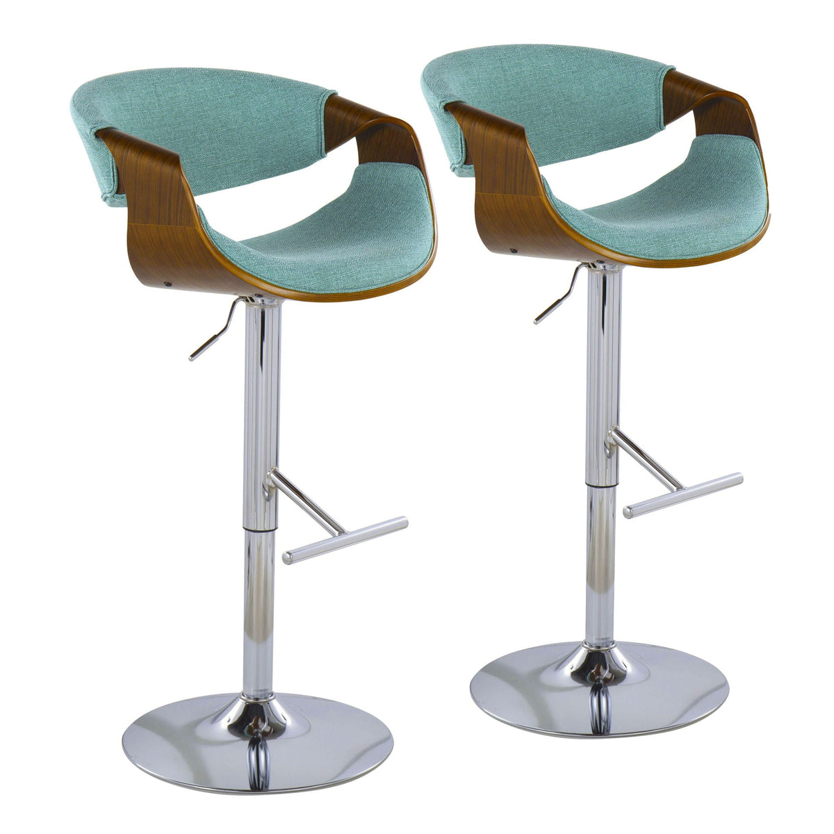 Pair of Mid Century Modern adjustable barstools with swivel, teal fabric and curved wood shells on Tampa Home & Garden Store