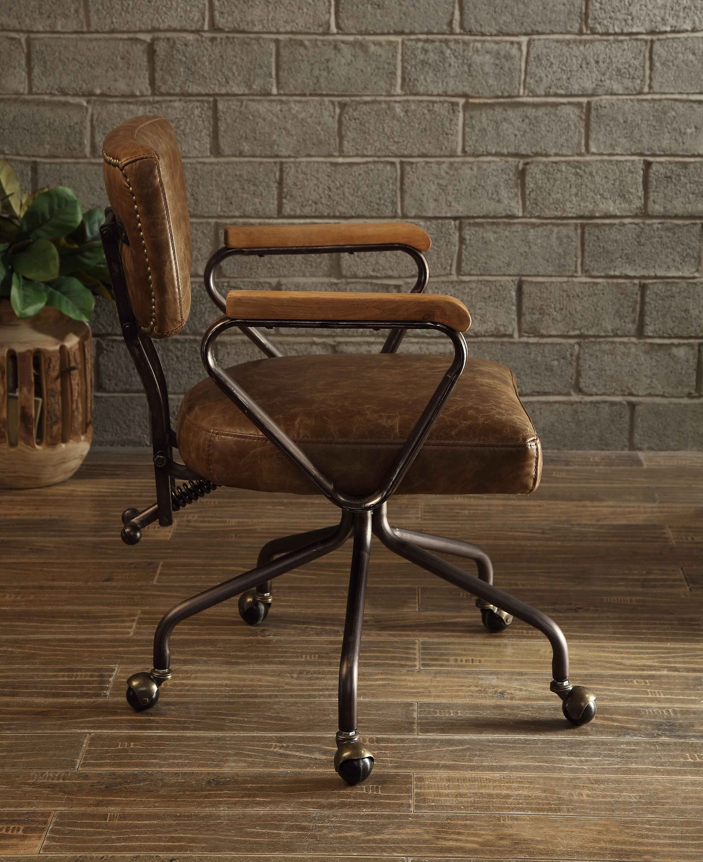 Hallie Vintage Whiskey Top Grain Leather Office Chair with metal frame and caster wheels on Tampa Home & Garden Store