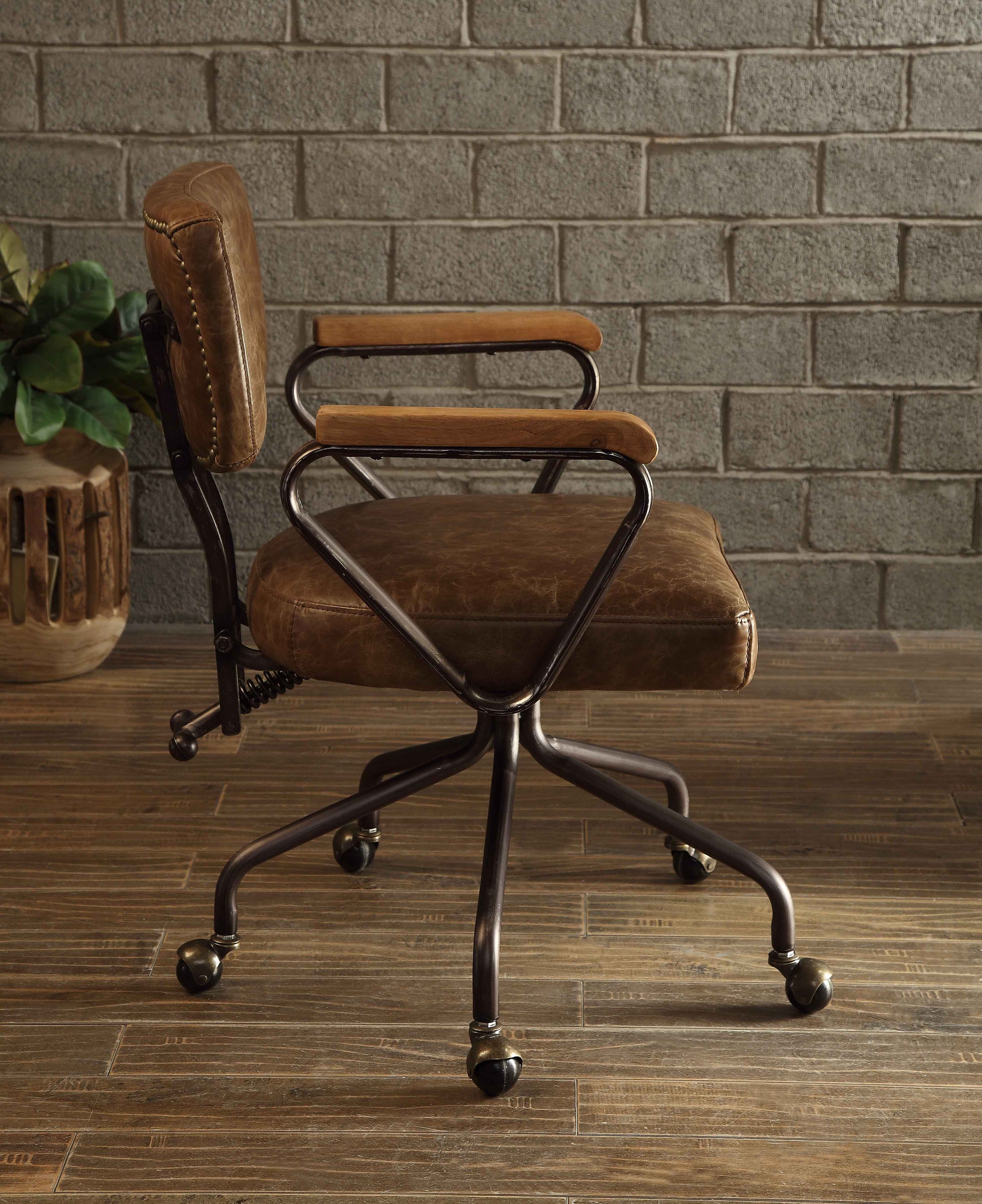 Hallie Vintage Whiskey Top Grain Leather Office Chair with metal frame and caster wheels on Tampa Home & Garden Store