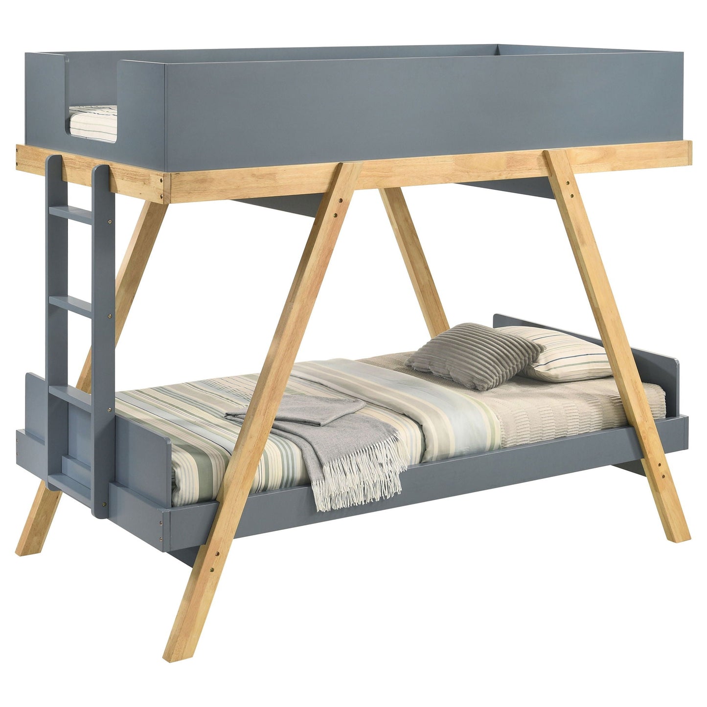 Crispin bunk bed by HouseOfZazla, blue-gray frame with natural wood ladders on Tampa Home & Garden Store