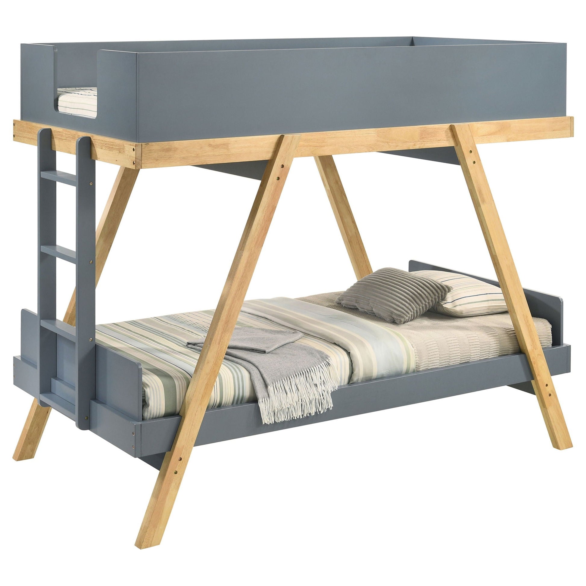 Crispin bunk bed by HouseOfZazla, blue-gray frame with natural wood ladders on Tampa Home & Garden Store