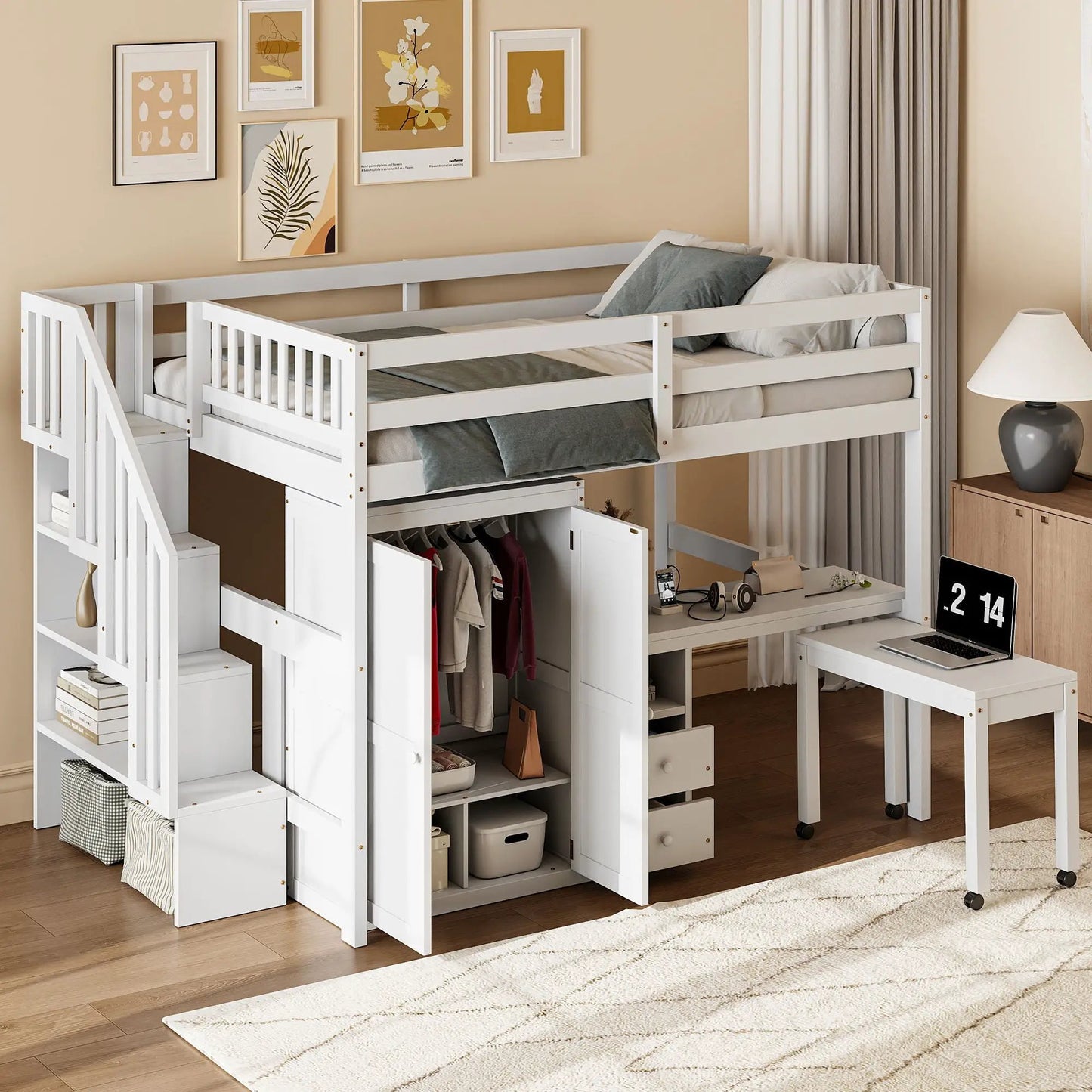 Loft bed with stairs and desk in white finish with wardrobe, drawers and shelves on Tampa Home & Garden Store
