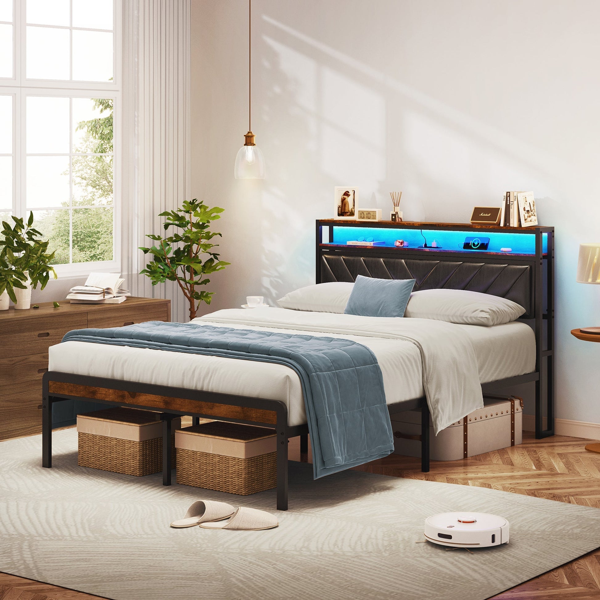 Full size metal platform bed frame with adjustable upholstered headboard by HouseOfZazla on Tampa Home & Garden Store