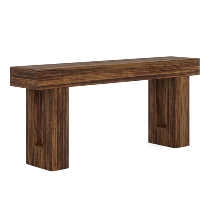 Long console table by HouseOfZazla in dark brown wood with open shelf and chunky legs on Tampa Home & Garden Store