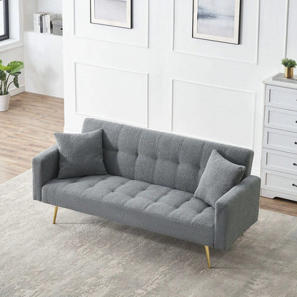 Teddy fleece futon sofa bed in gray with two plush throw pillows on Tampa Home & Garden Store