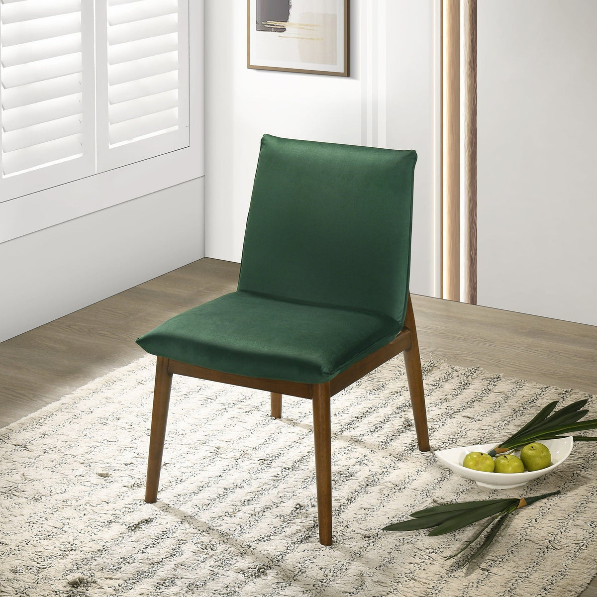 Monza contemporary dining chair with solid wood frame in dark green upholstery on Tampa Home & Garden Store