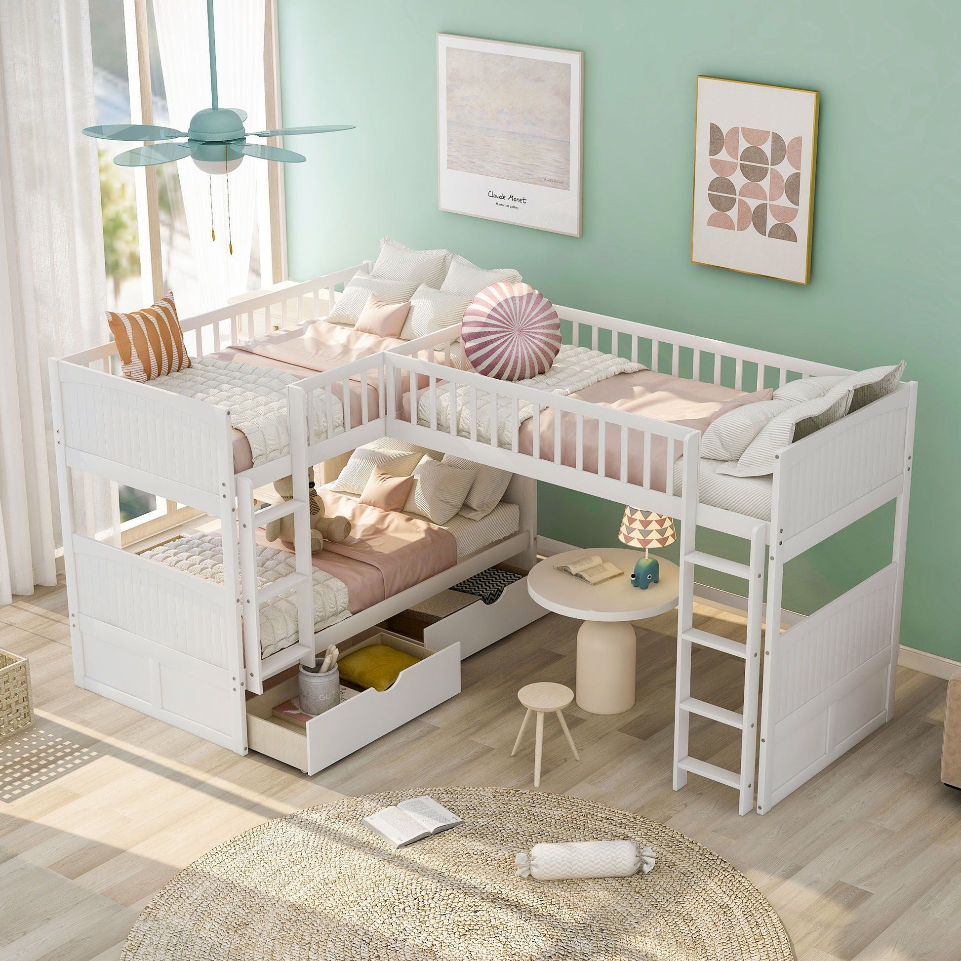 Bunk bed with loft and 2 drawers by HouseOfZazla, white frame with ladder and pink bedding on Tampa Home & Garden Store
