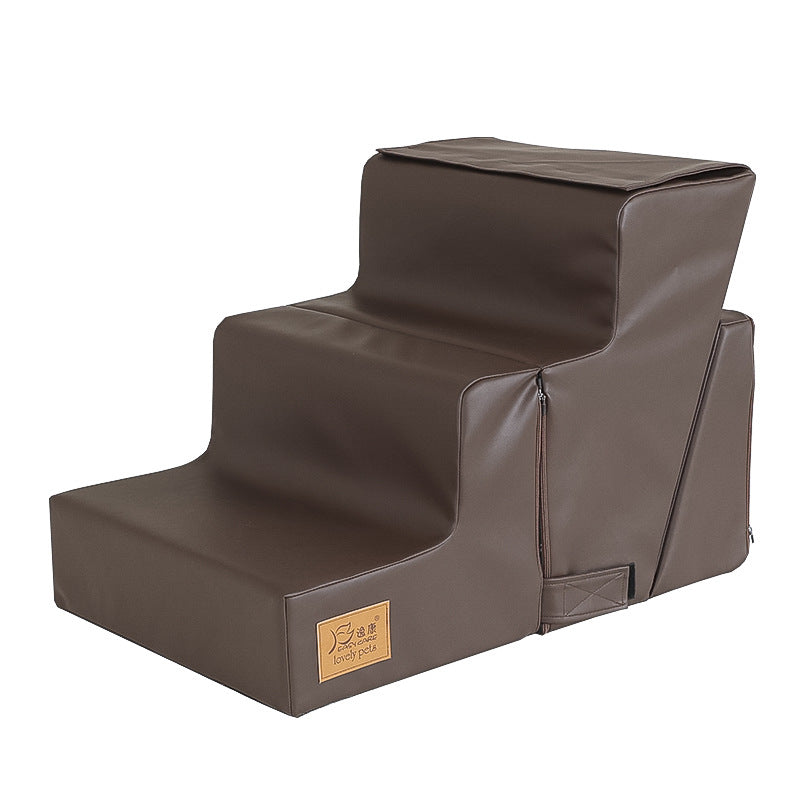 Ladder Bedside Small Dog Cat Ladder brown padded with three-step stairs and zip side pocket on Tampa Home & Garden Store