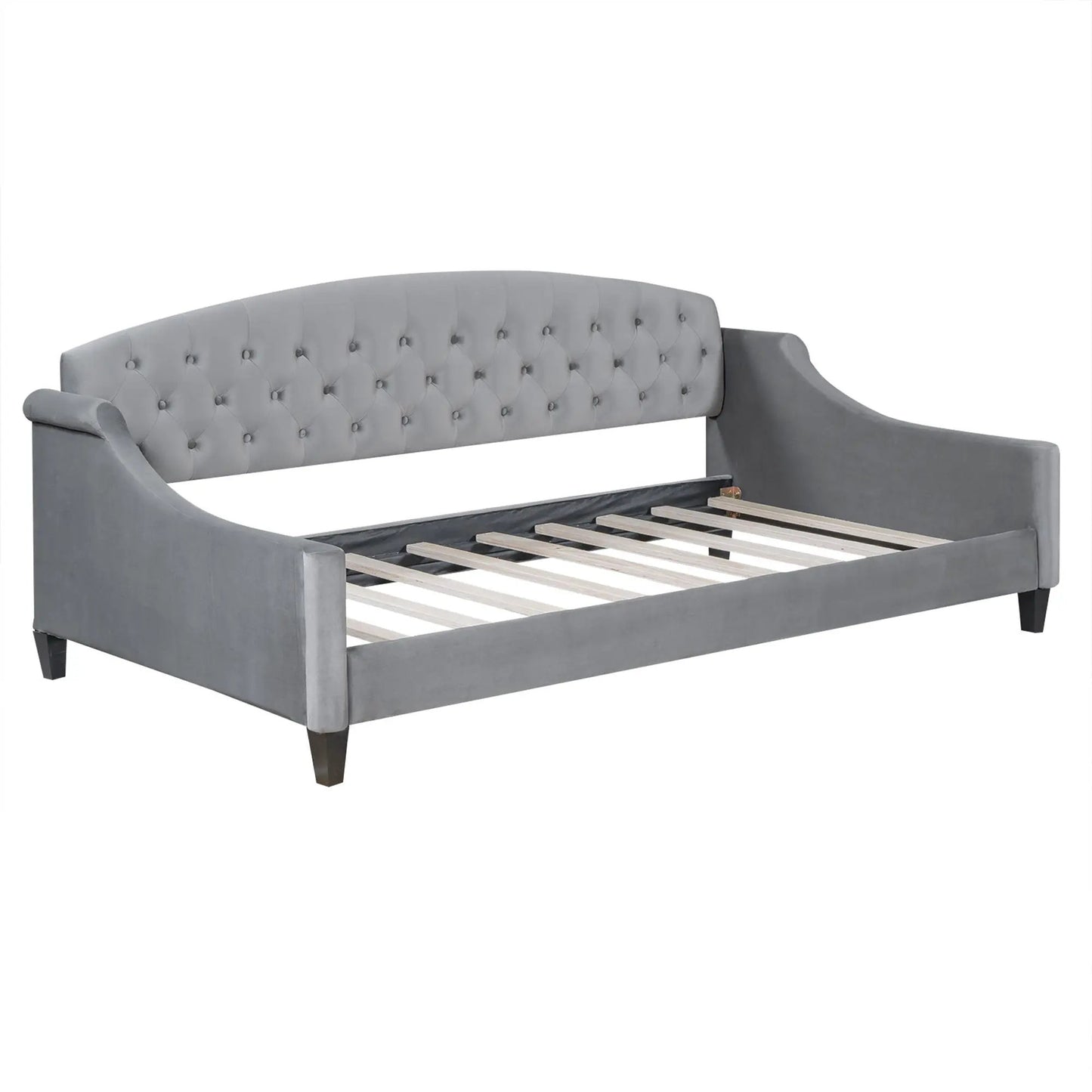Modern Tufted Button Daybed gray upholstery with tufted back, curved arms, slatted base on Tampa Home & Garden Store