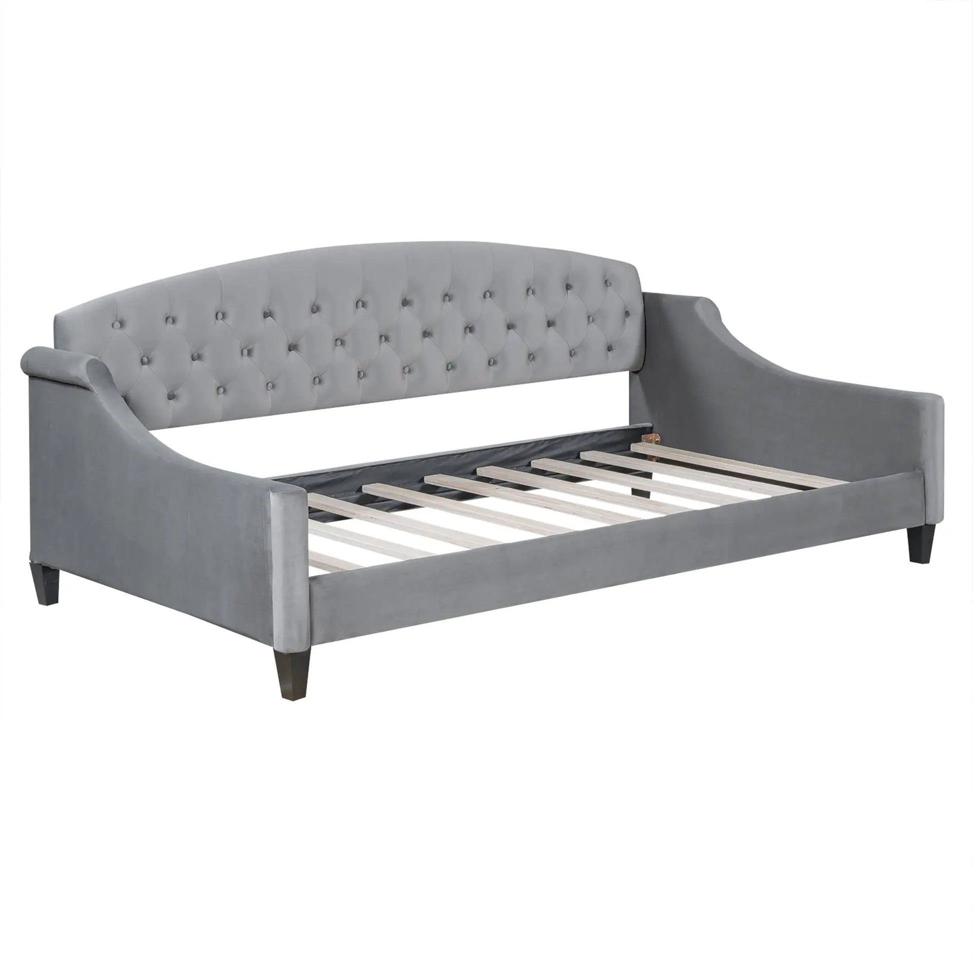 Modern Tufted Button Daybed gray upholstery with tufted back, curved arms, slatted base on Tampa Home & Garden Store