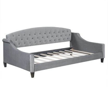 Modern Tufted Button Daybed gray upholstery with tufted back, curved arms, slatted base on Tampa Home & Garden Store