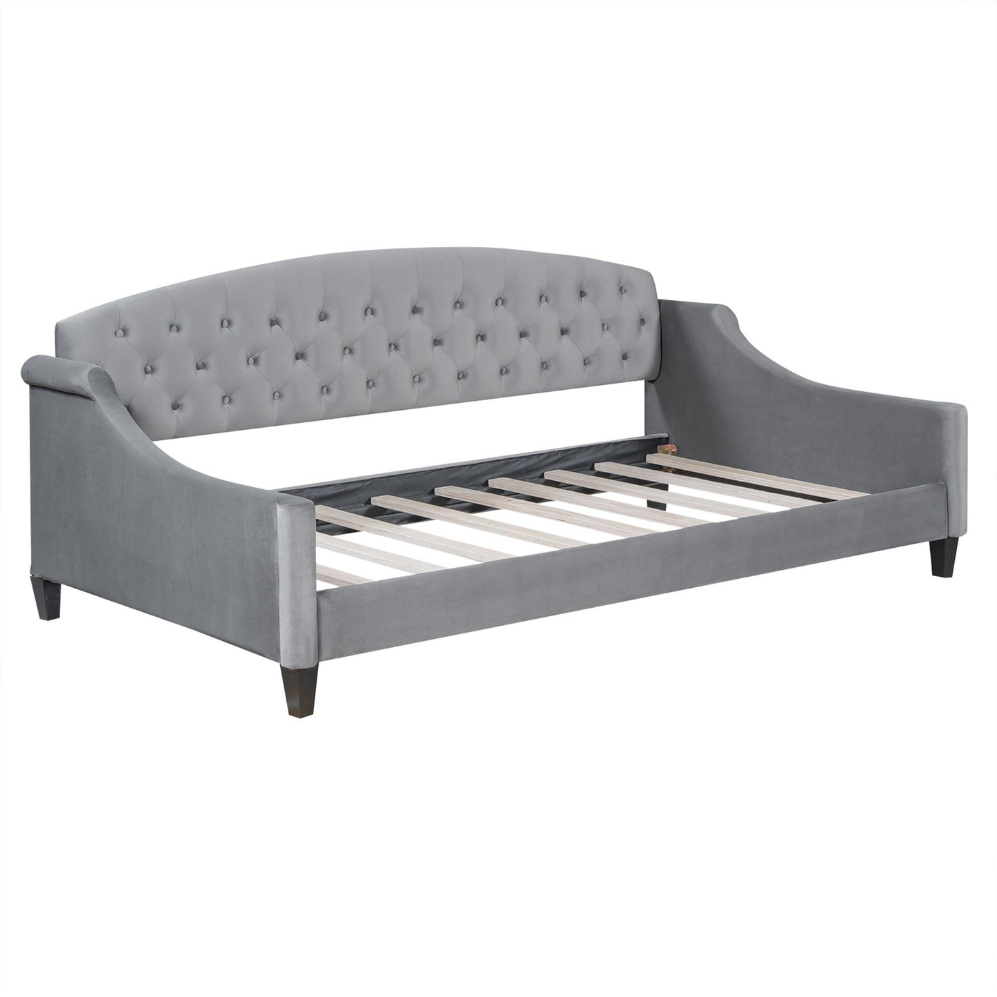 Modern tufted button daybed in grey upholstery with curved arms and tufted back, slat base on Tampa Home & Garden Store