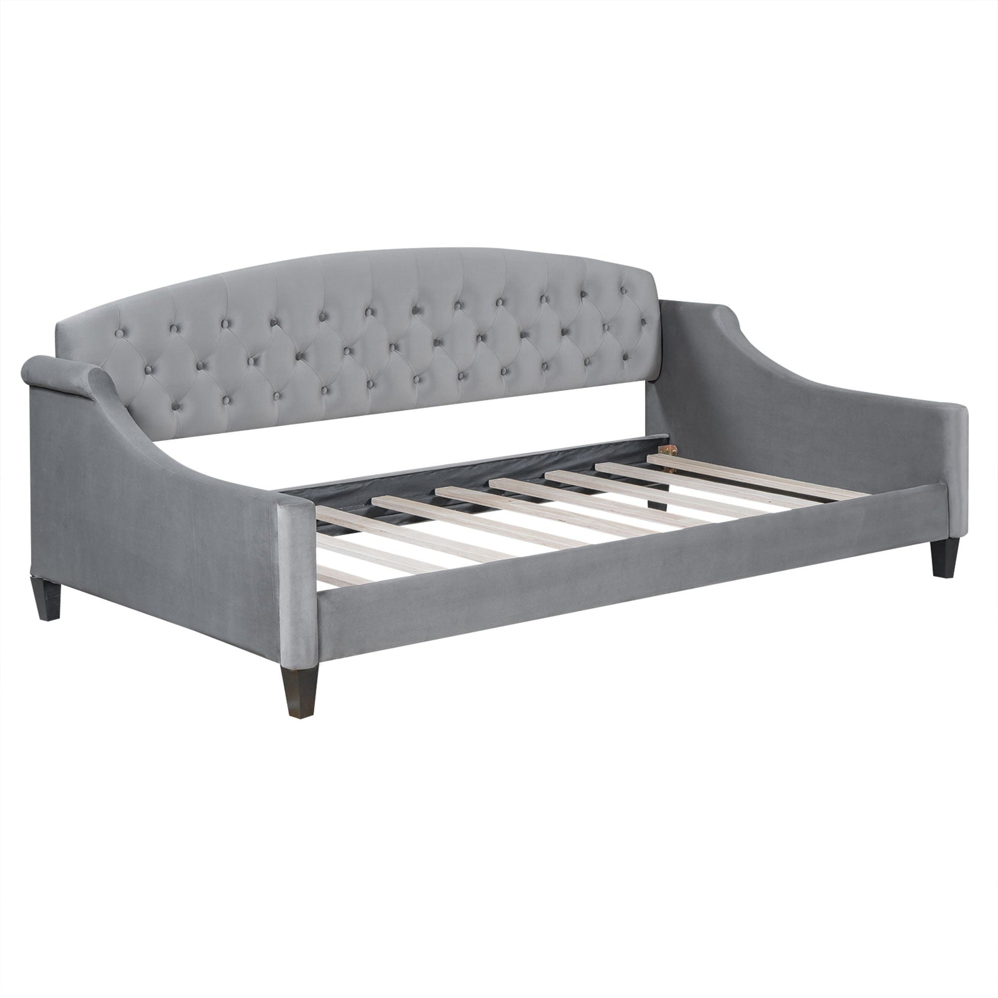 Modern tufted button daybed in grey upholstery with curved arms and tufted back, slat base on Tampa Home & Garden Store