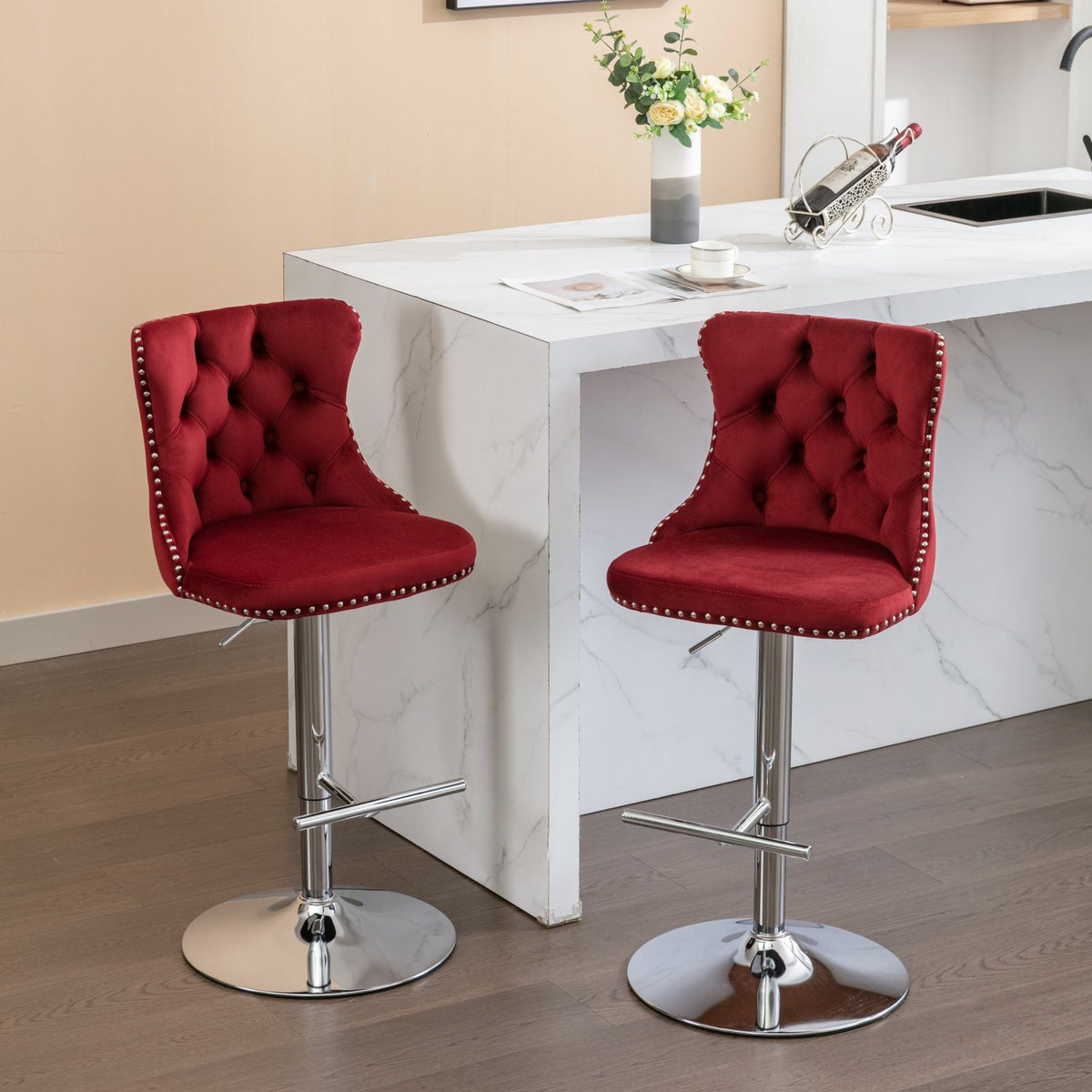 Swivel adjustable height barstools red tufted velvet with nailhead trim, chrome pedestal bases, set of 2 on Tampa Home & Garden Store