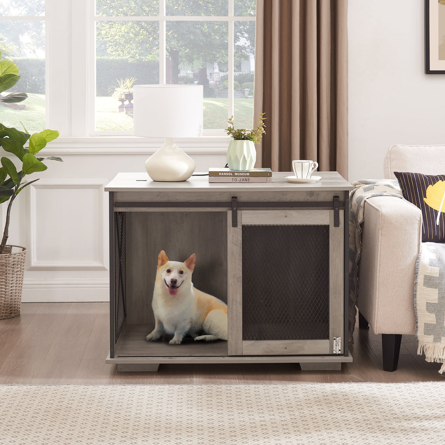 Farmhouse dog crate furniture with sliding barn door and mesh panels, dog inside on Tampa Home & Garden Store