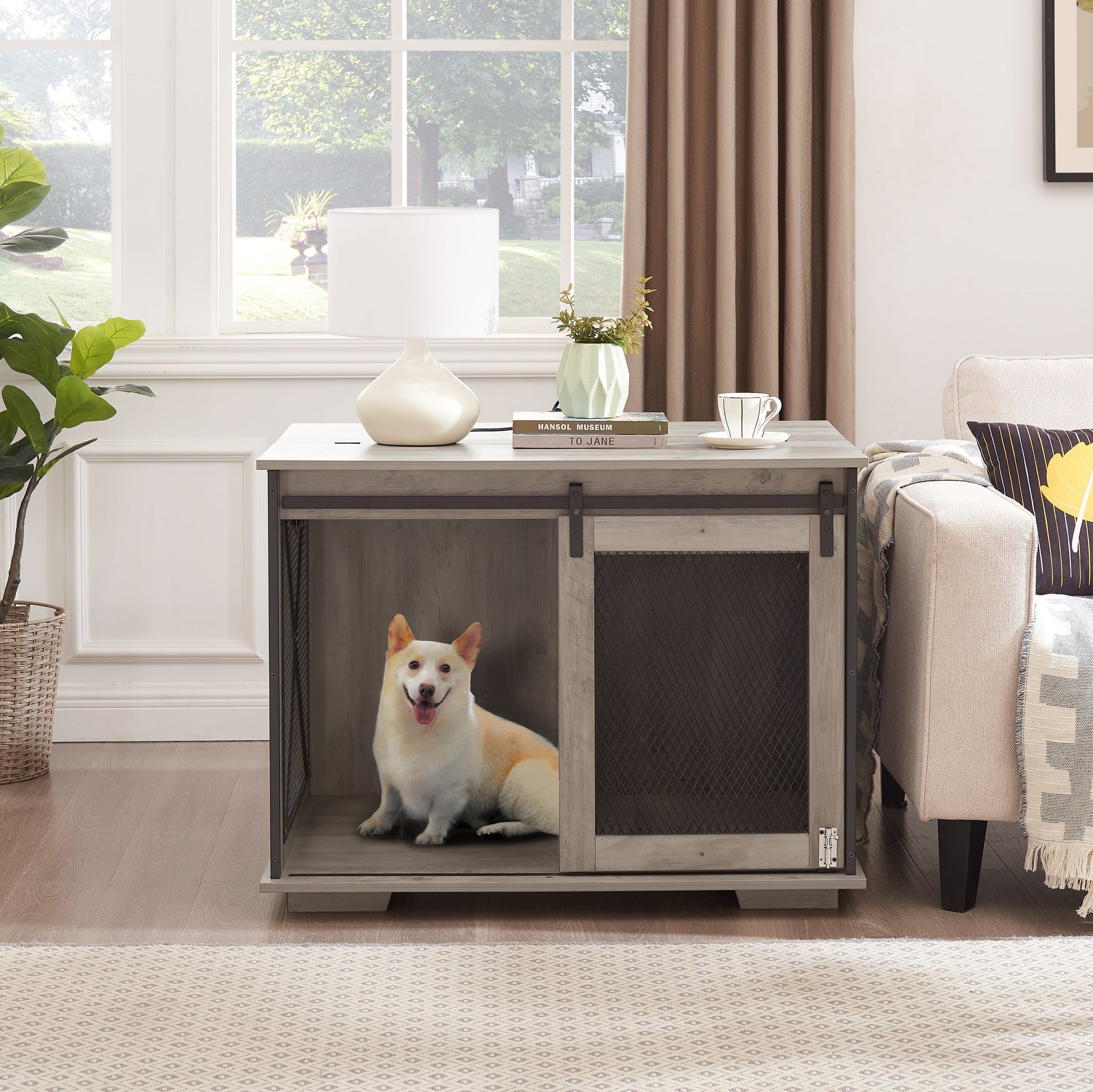Farmhouse dog crate furniture with sliding barn door and mesh panels, dog inside on Tampa Home & Garden Store