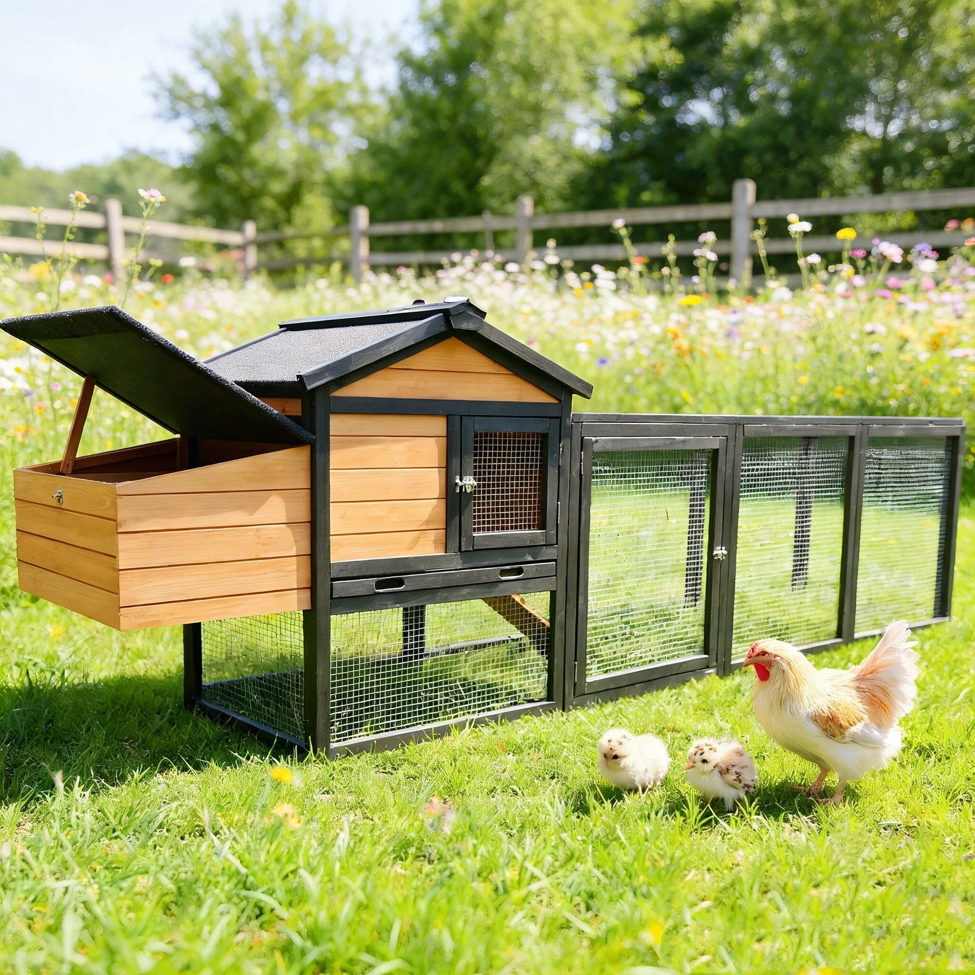 Chicken coop with run and nesting box by HouseOfZazla, wooden hut with black frame and mesh run on Tampa Home & Garden Store