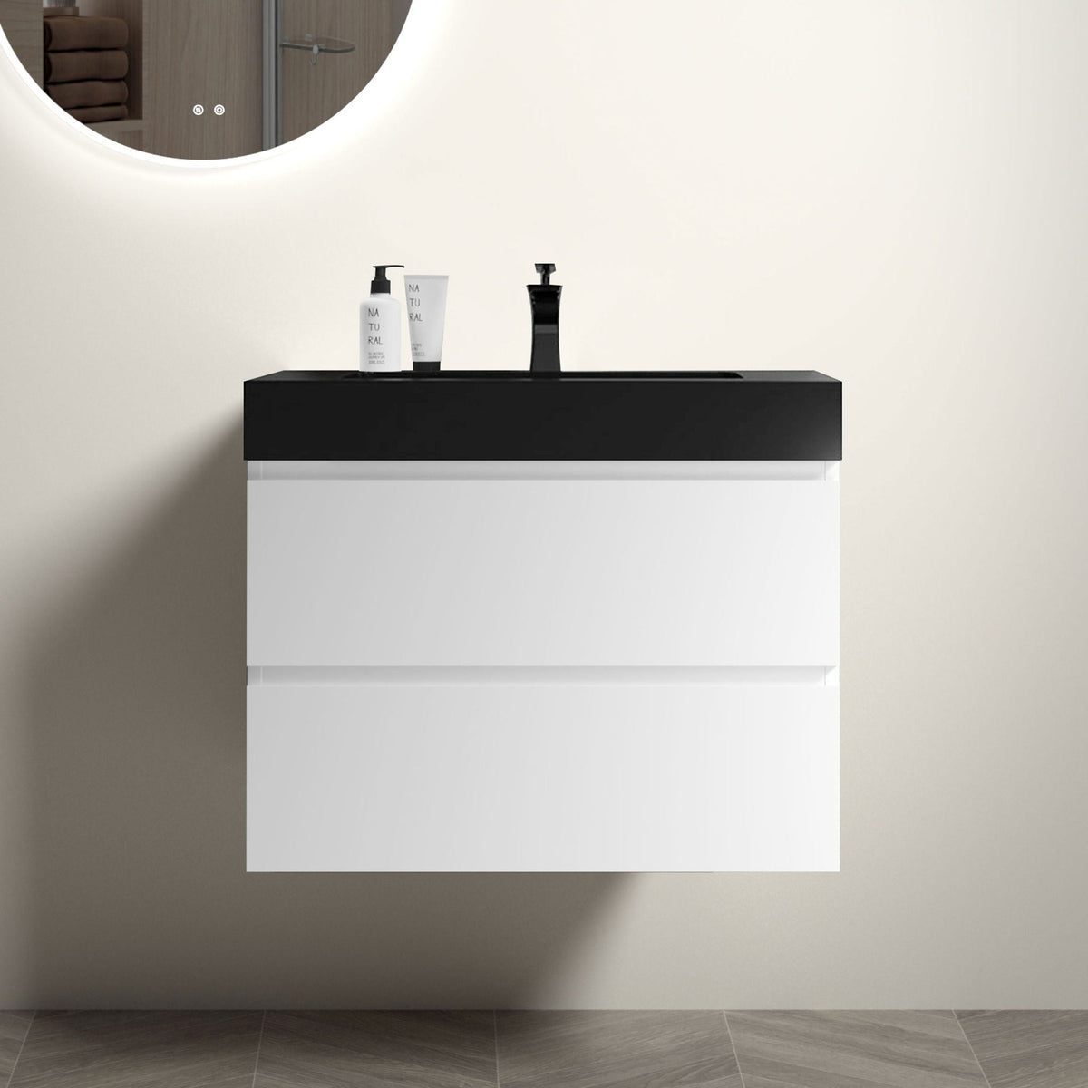 Modern floating bathroom vanity with storage, black top and white base, three items on countertop on Tampa Home & Garden Store