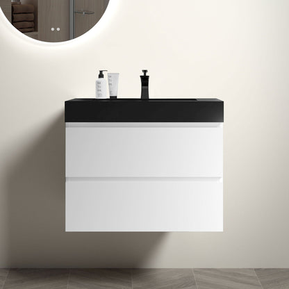 Modern floating bathroom vanity with storage, black top and white base, three items on countertop on Tampa Home & Garden Store
