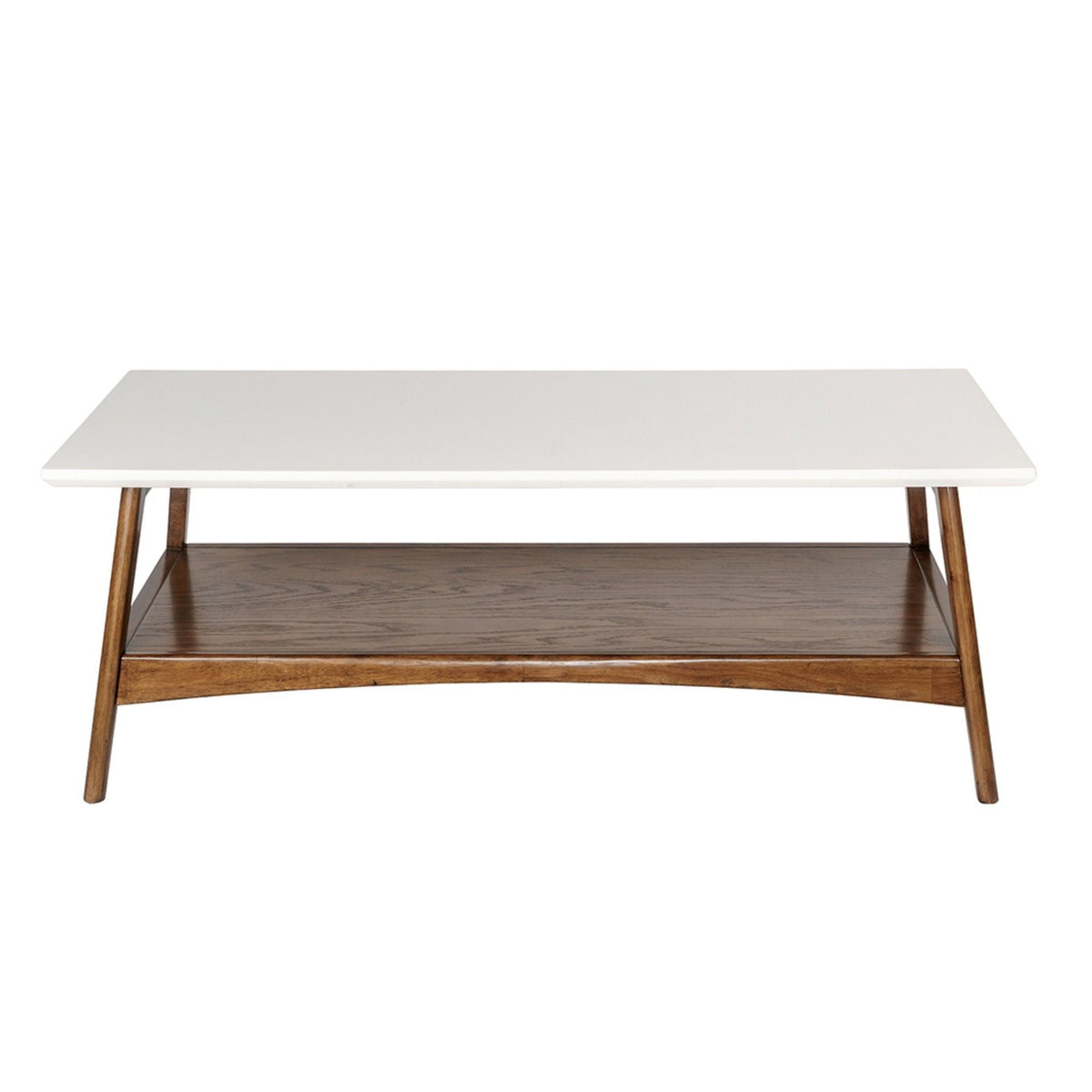 Modern coffee table with white top and dark brown shelf, wooden legs on Tampa Home & Garden Store
