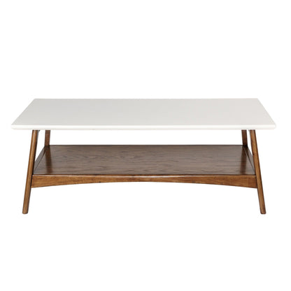 Modern coffee table with white top and dark brown shelf, wooden legs on Tampa Home & Garden Store