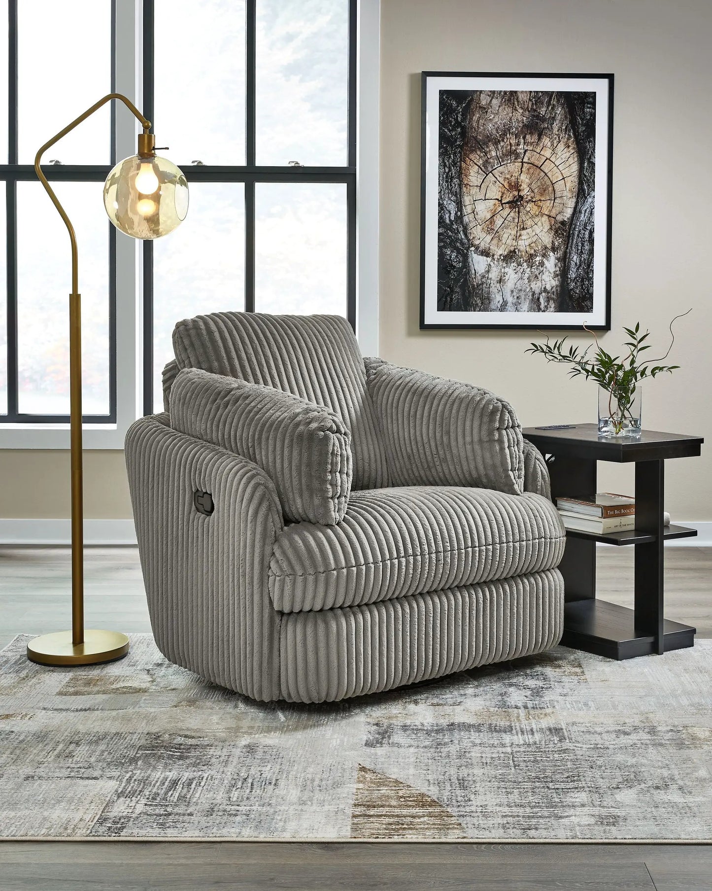 Tie-breaker Swivel Glider Recliner gray ribbed fabric by Unique Piece Furniture in living room on Tampa Home & Garden Store