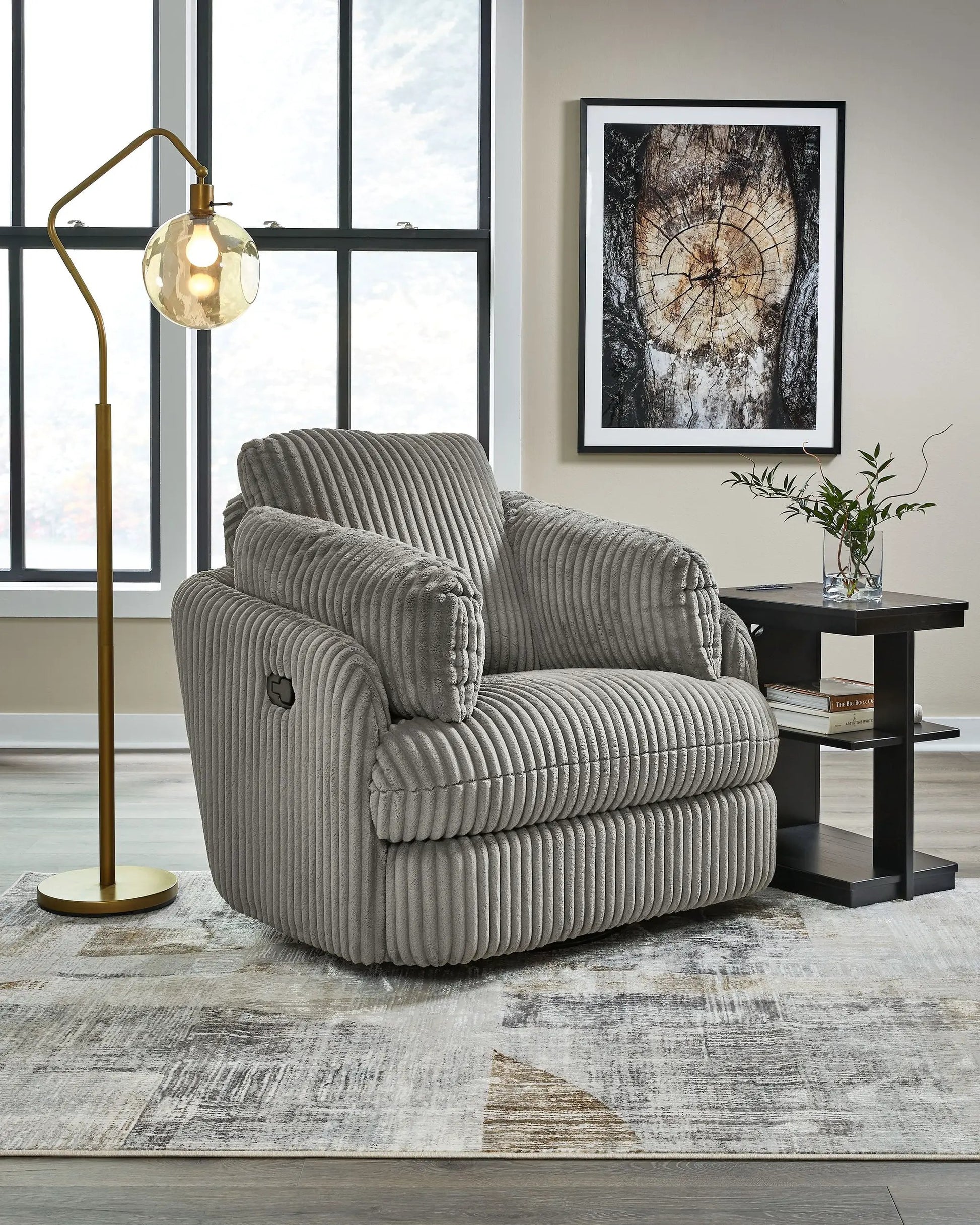 Tie-breaker Swivel Glider Recliner gray ribbed fabric by Unique Piece Furniture in living room on Tampa Home & Garden Store