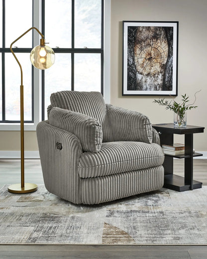 Tie-breaker Swivel Glider Recliner gray ribbed fabric by Unique Piece Furniture in living room on Tampa Home & Garden Store