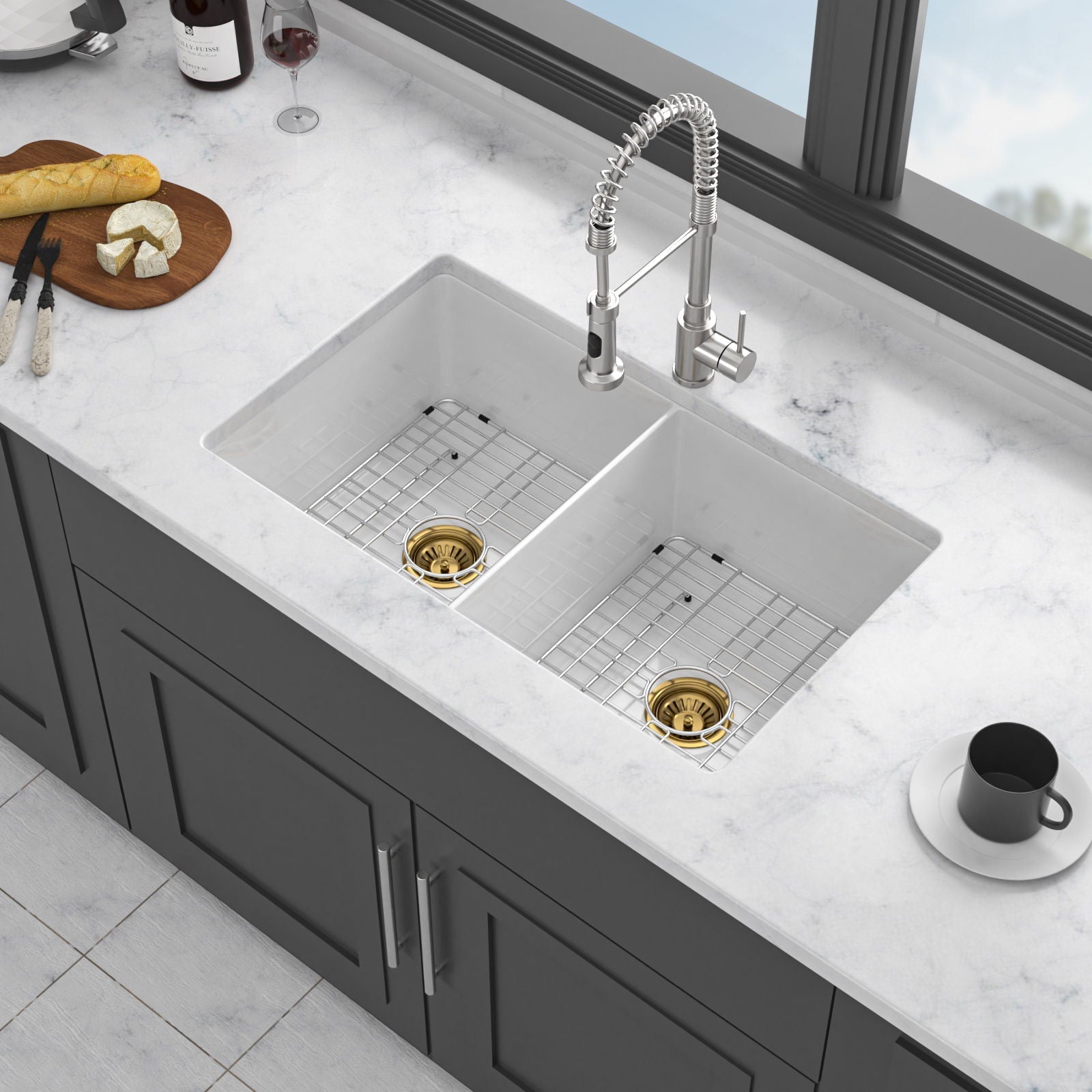 32in undermount double-bowl kitchen sink with grids, white, by HouseOfZazla on Tampa Home & Garden Store