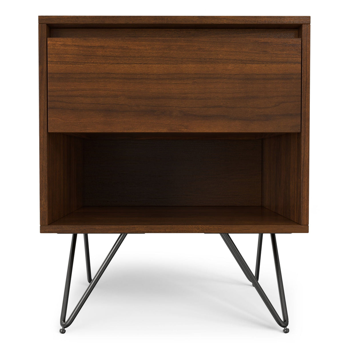 Hunter Nightstand with real wood veneer in dark brown, accented with black hairpin legs on Tampa Home & Garden Store