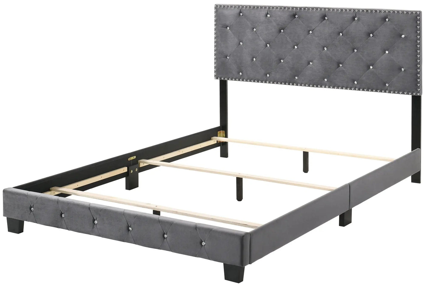 Luxurious Upholstered Bed with gray tufted headboard and crystal buttons, black metal frame on Tampa Home & Garden Store
