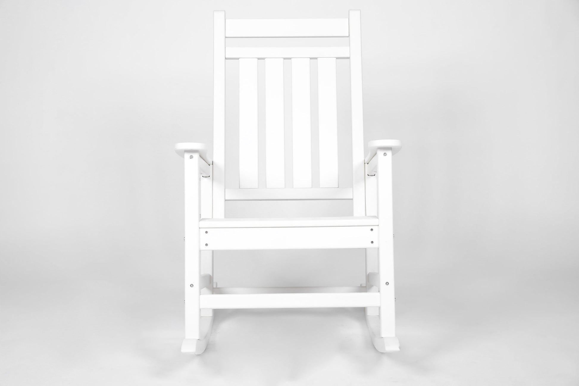 Oversized rocking chair with wood-textured white slats for outdoor use on Tampa Home & Garden Store