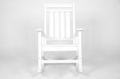 Oversized rocking chair with wood-textured white slats for outdoor use on Tampa Home & Garden Store